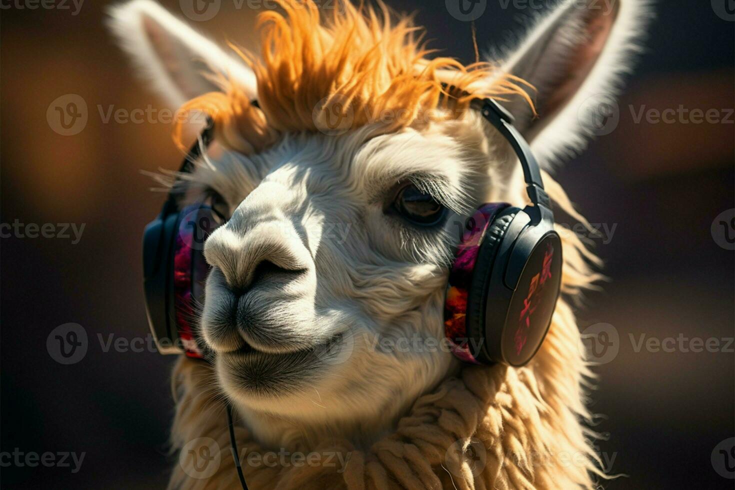 Intellectual llama with stylish glasses enjoys music with a chic flair AI Generated photo