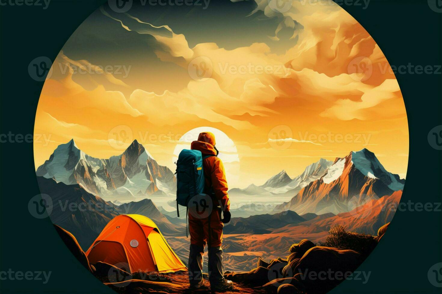 First light of dawn graces an orange tent nestled in mountains AI Generated photo