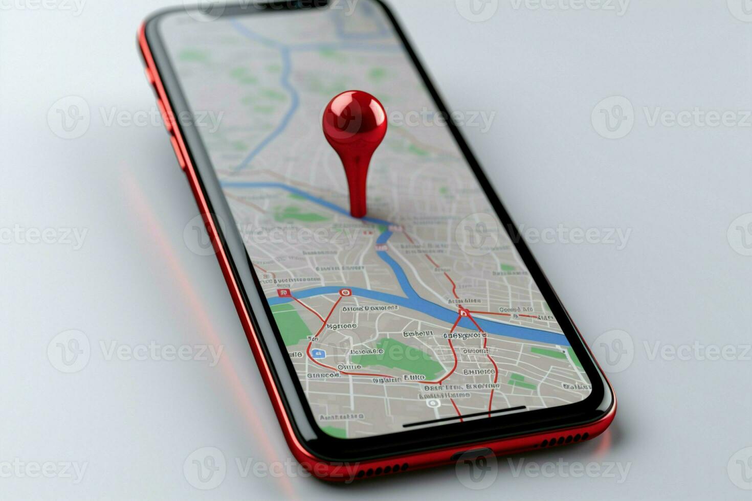 3d prestar, teléfono inteligente con rojo mapa icono, pantalla blanco ai generado foto