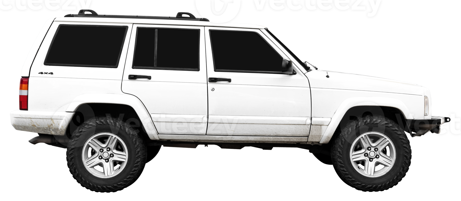 Side view white suv car with mud stains png