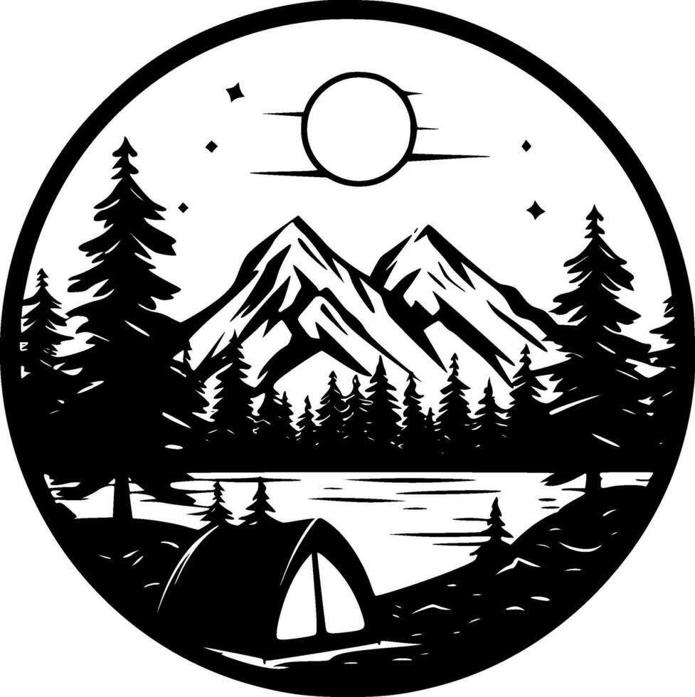 Camping, Black and White Vector illustration