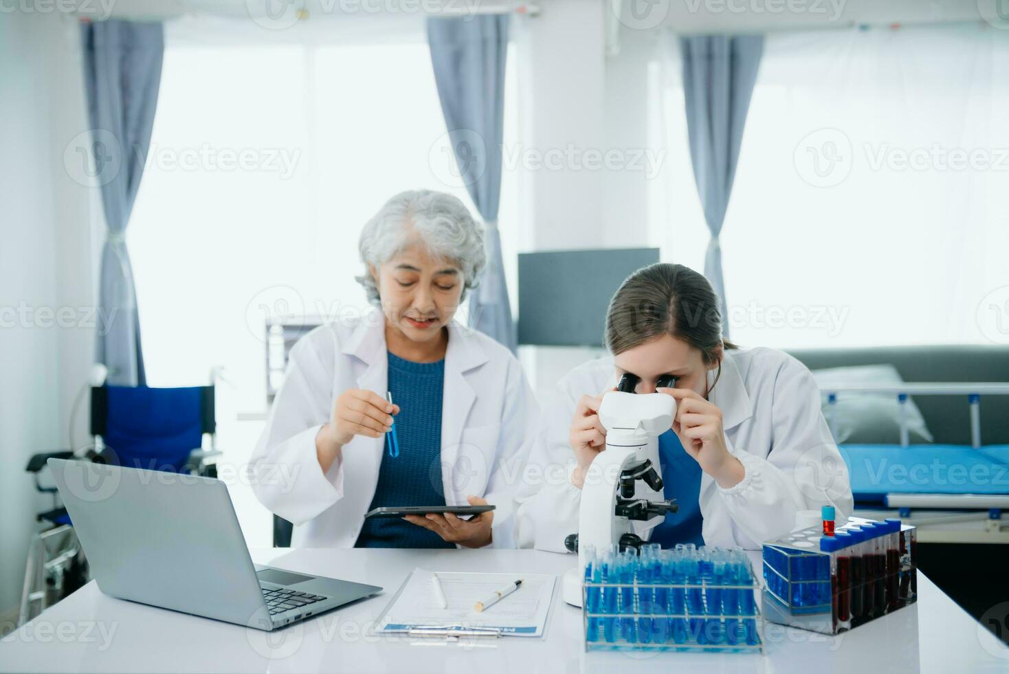 team Female scientist researcher conducting an experiment working in the chemical laboratory photo