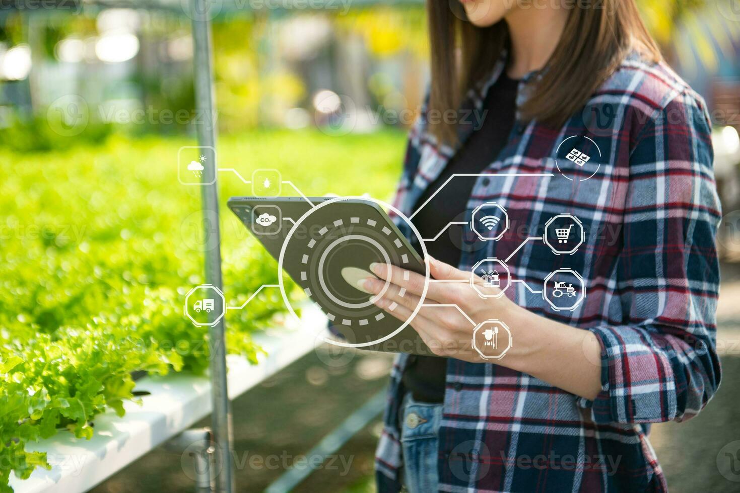 Smart farmer using application by tablet concepts modern agricultural technology and visual icon. photo
