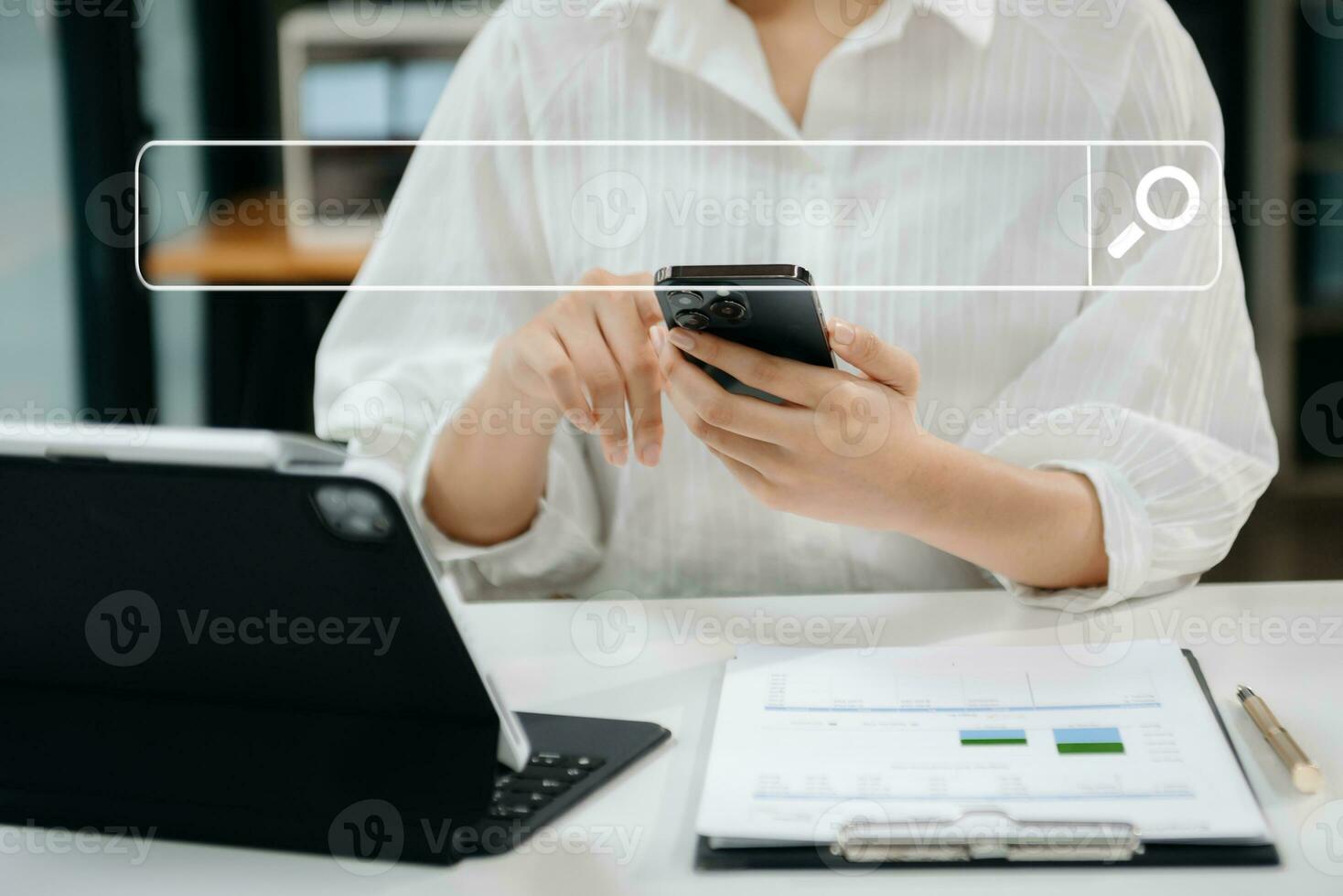 Searching Browsing Internet Data Information Networking Concept with blank search bar.man working with mobile phone and laptop computer VR icon photo