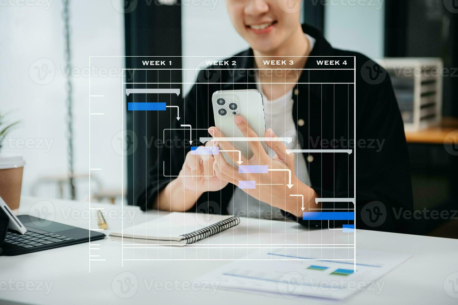 gerente de proyecto trabajando y actualizando tareas con hitos de planificación de progreso y diagrama de programación de diagramas de gantt. negocios que trabajan con teléfonos inteligentes, tabletas y computadoras portátiles foto