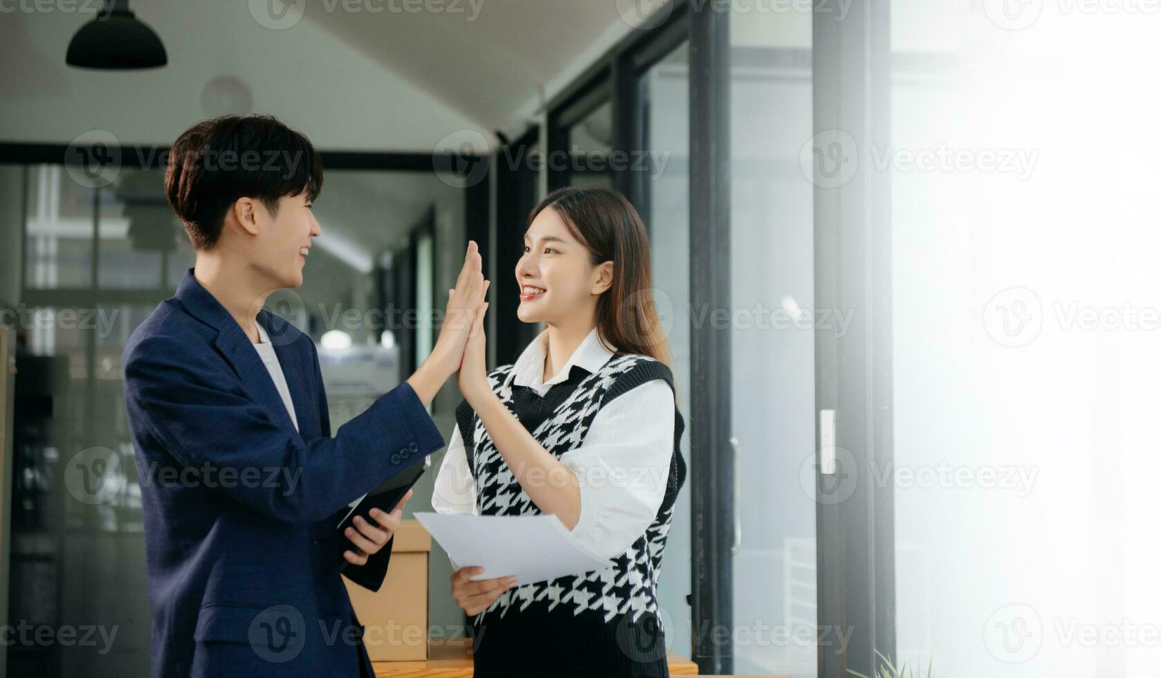 Business partnership handshake concept.Photo two coworkers handshaking process.Successful deal after great meeting. photo