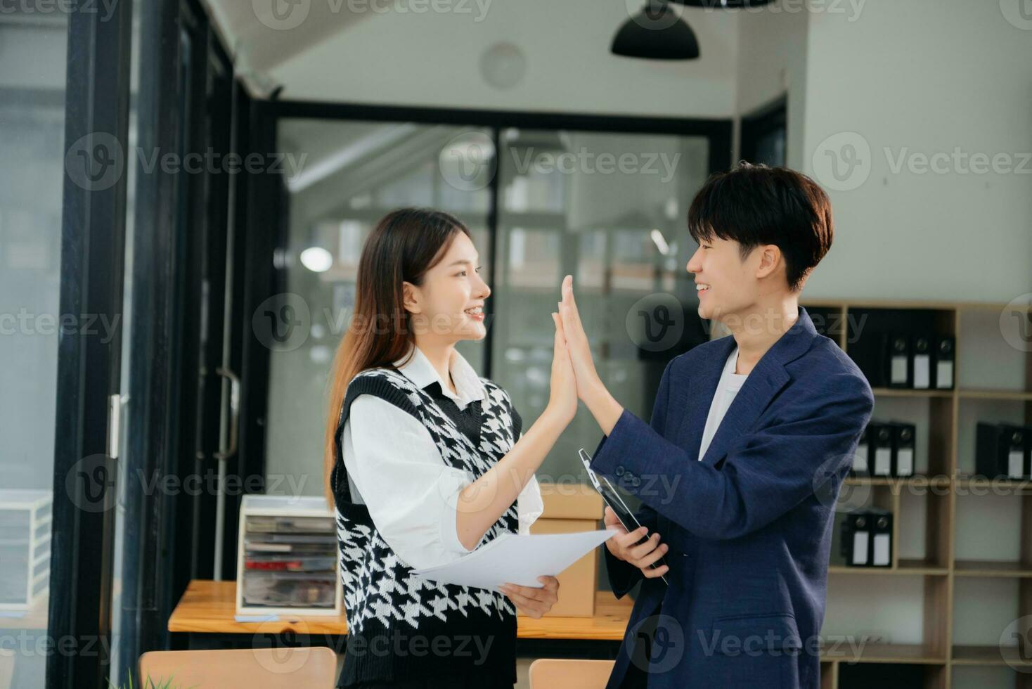 Business partnership handshake concept.Photo two coworkers handshaking process.Successful deal after great meeting. photo