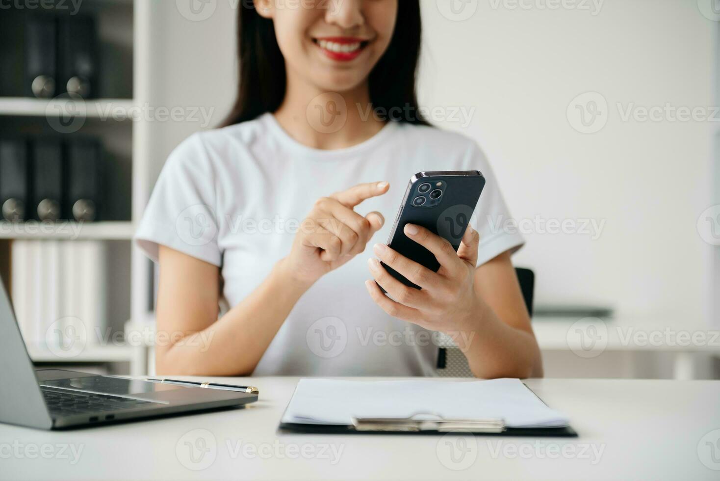 Business woman hands using smartphone and holding credit card sitting. Online Shopping payments  concept. photo