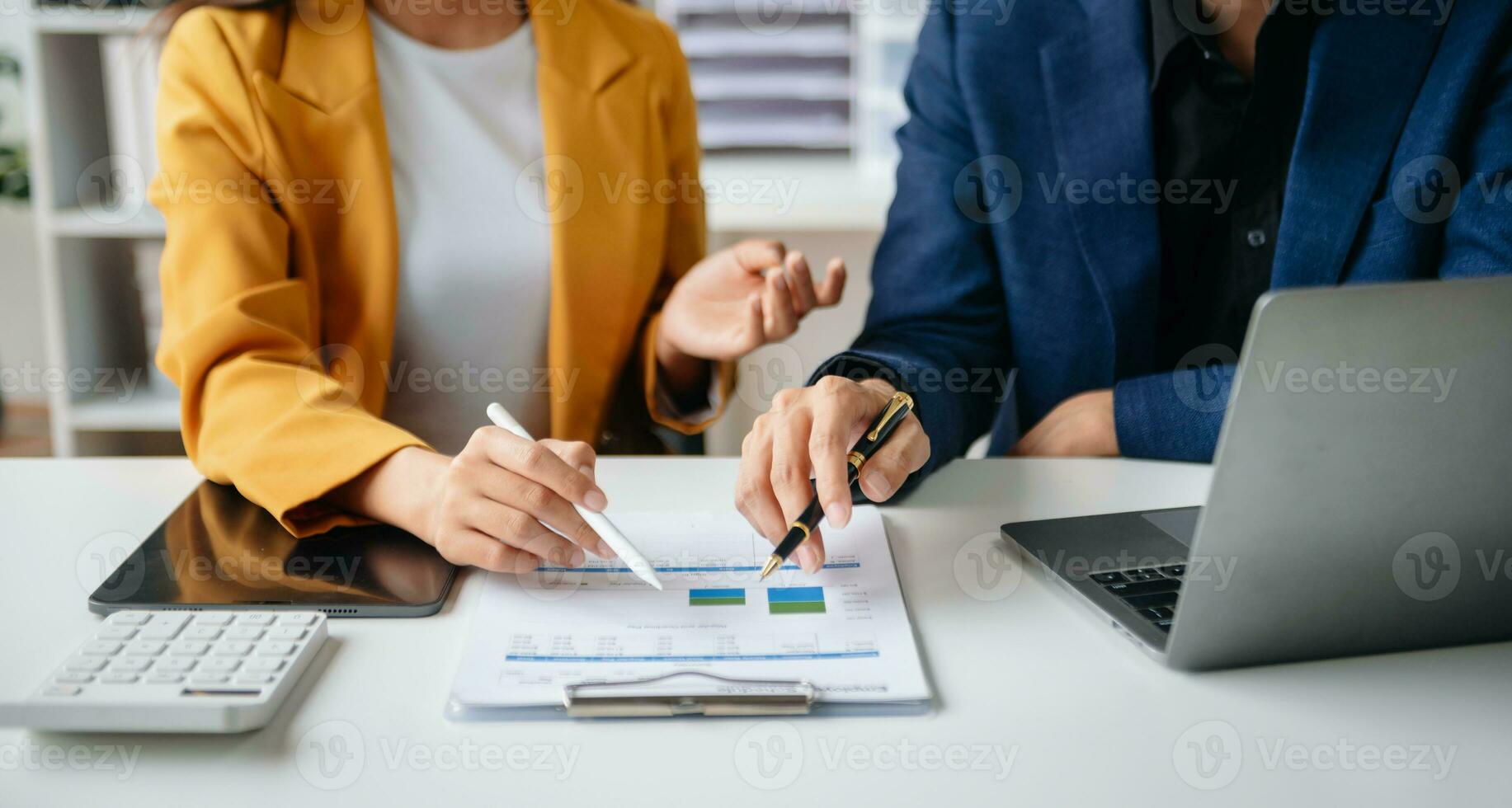 Business team collaboration discussing working analyzing with financial data and marketing growth report graph in team, presentation and digital tablet, laptop photo