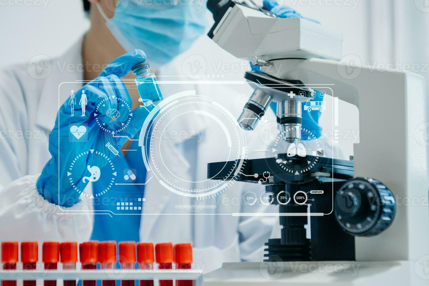 DNA molecule testing concepts. The doctor in a mask examines DNA molecules on the chemical laboratory with virtual icon photo