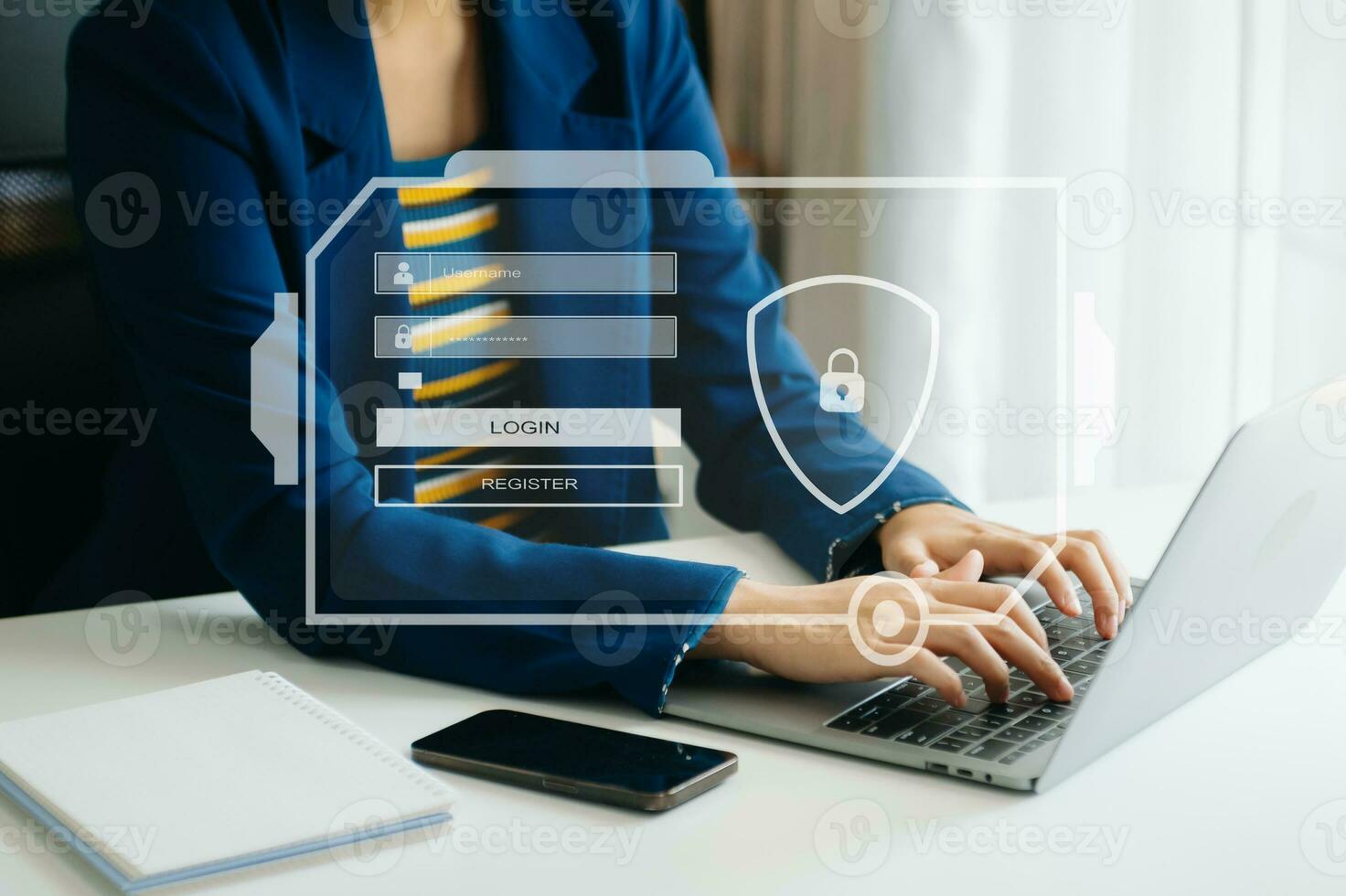 Cyber security concept, Login, User, identification information security and encryption, secure access to user's personal information woman using smart phone and tablet in office photo