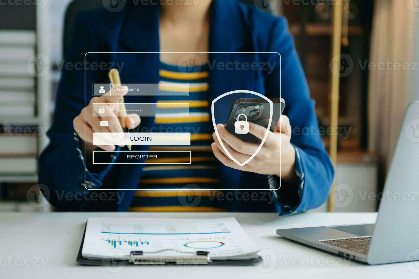 Cyber security concept, Login, User, identification information security and encryption, secure access to user's personal information woman using smart phone and tablet in office photo