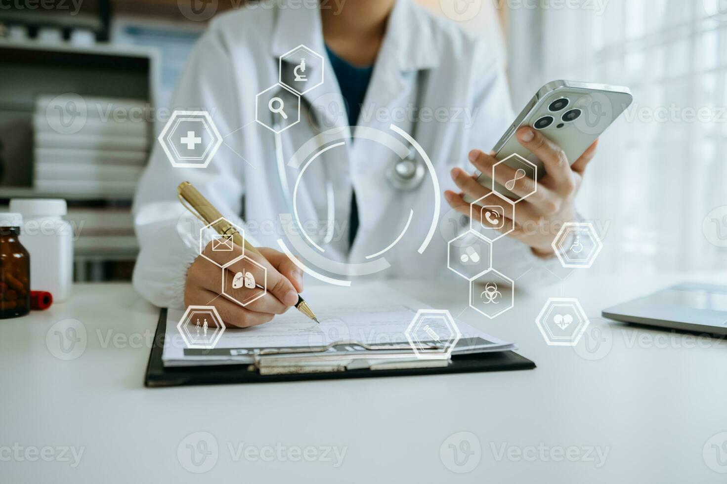 Medicine doctor using digital tablet and smartphone diagnose virtual electronic medical record on interface.Digital healthcare and network on virtual screen photo