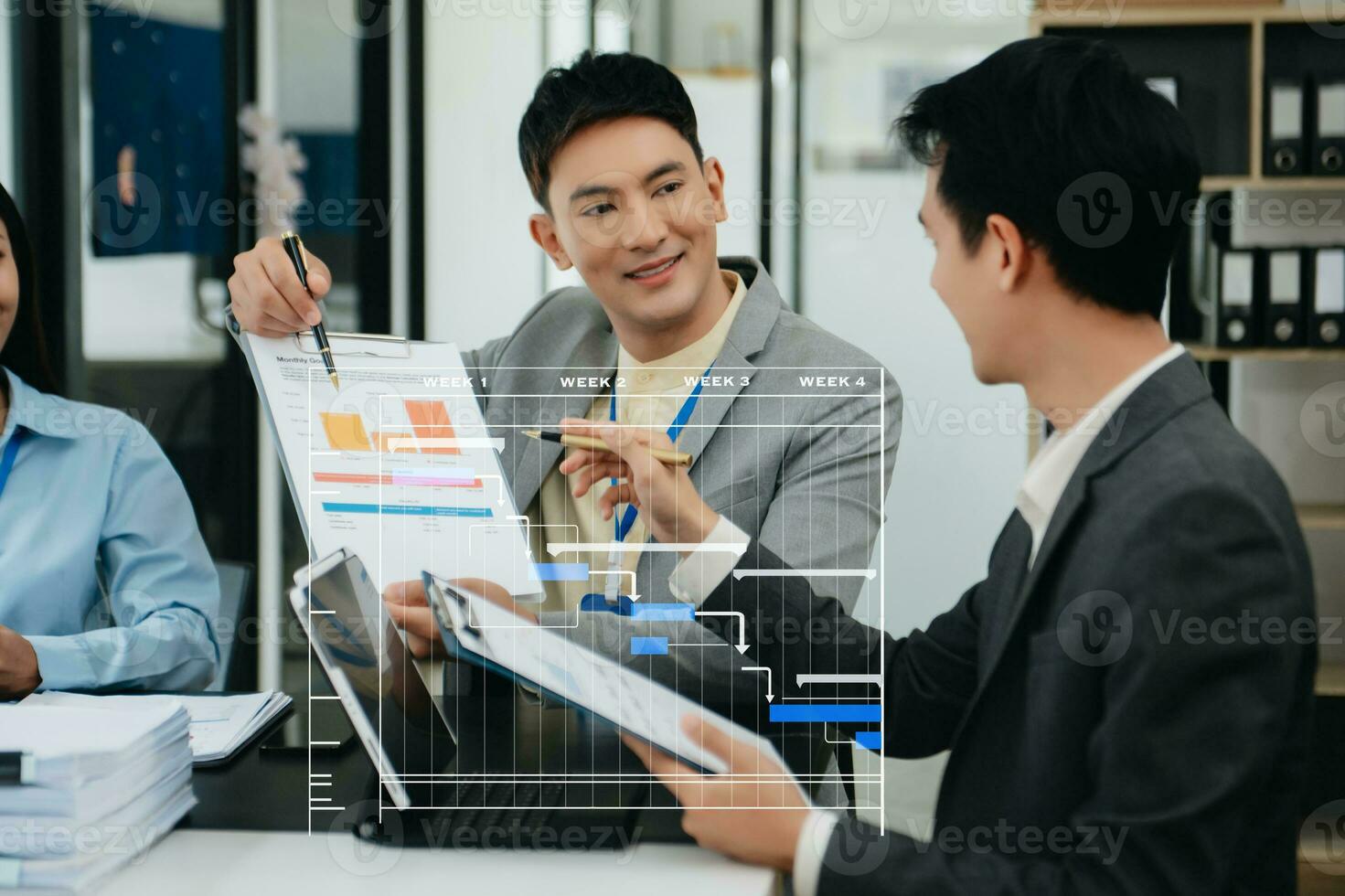 Project manager working and update tasks with milestones progress planning and Gantt chart scheduling diagram.business tram working at office photo