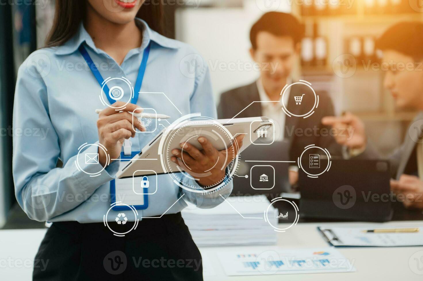 Working team meeting concept, business using laptop and digital tablet with marketing  virtual icon photo