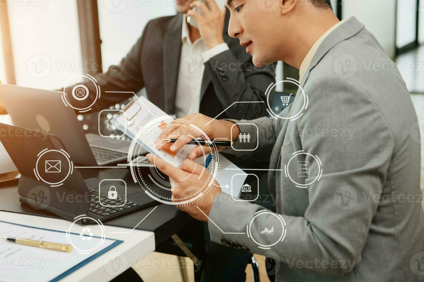 Working team meeting concept, business using laptop and digital tablet with marketing  virtual icon photo