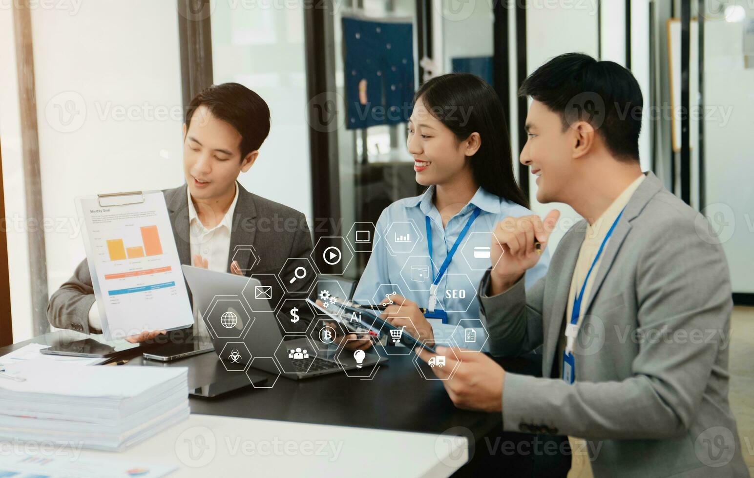 Working team meeting concept, business using laptop and digital tablet with marketing  virtual icon photo
