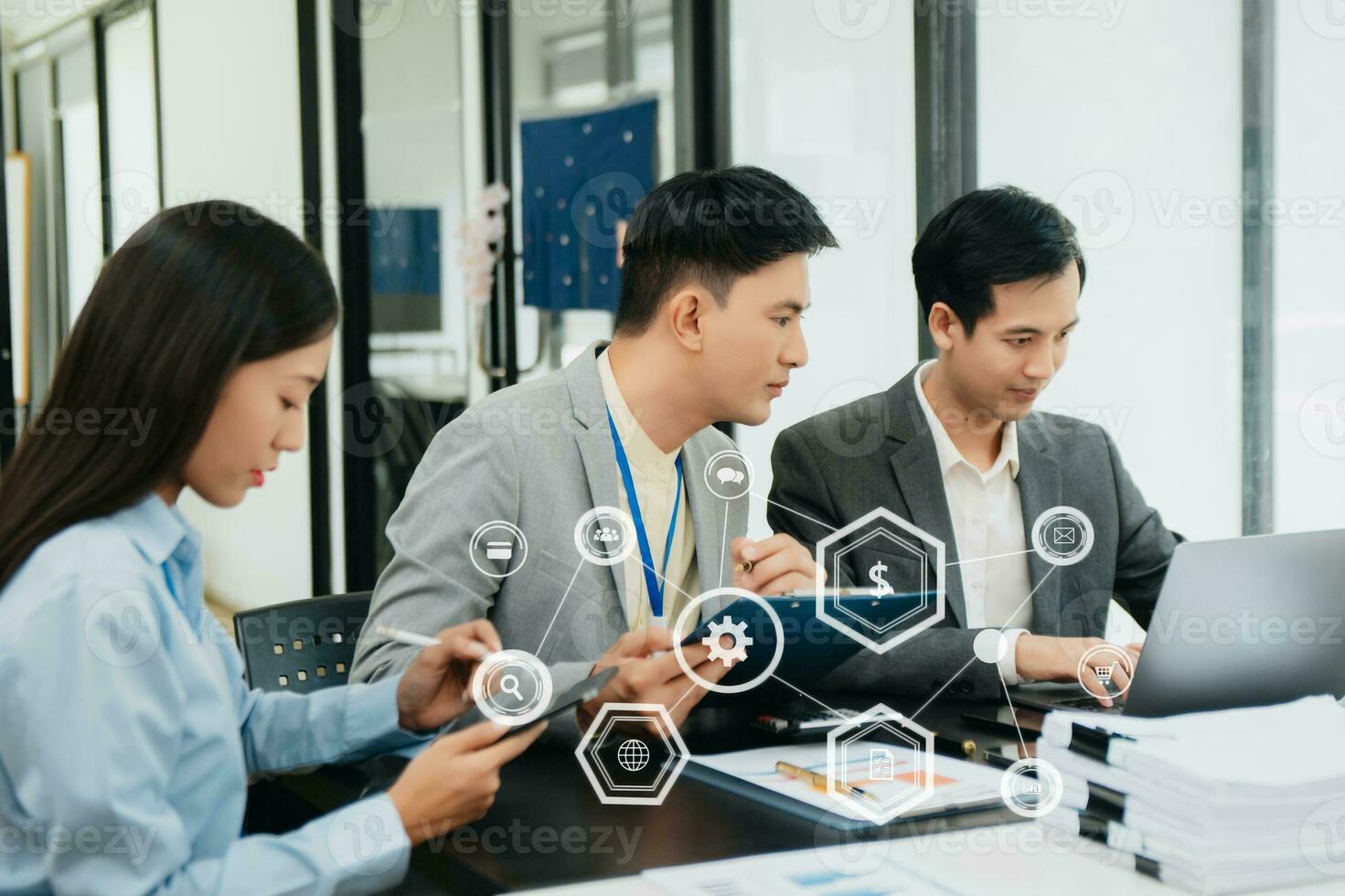 Working team meeting concept, business using laptop and digital tablet with marketing  virtual icon photo