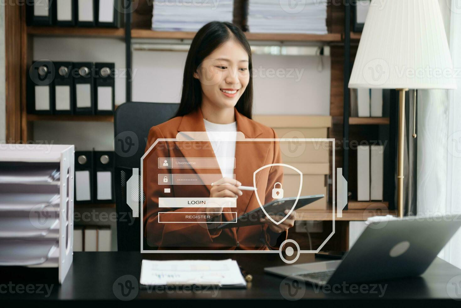 Cyber security concept, Login, User, identification information security and encryption, secure access to user's personal information woman using smart phone and tablet photo