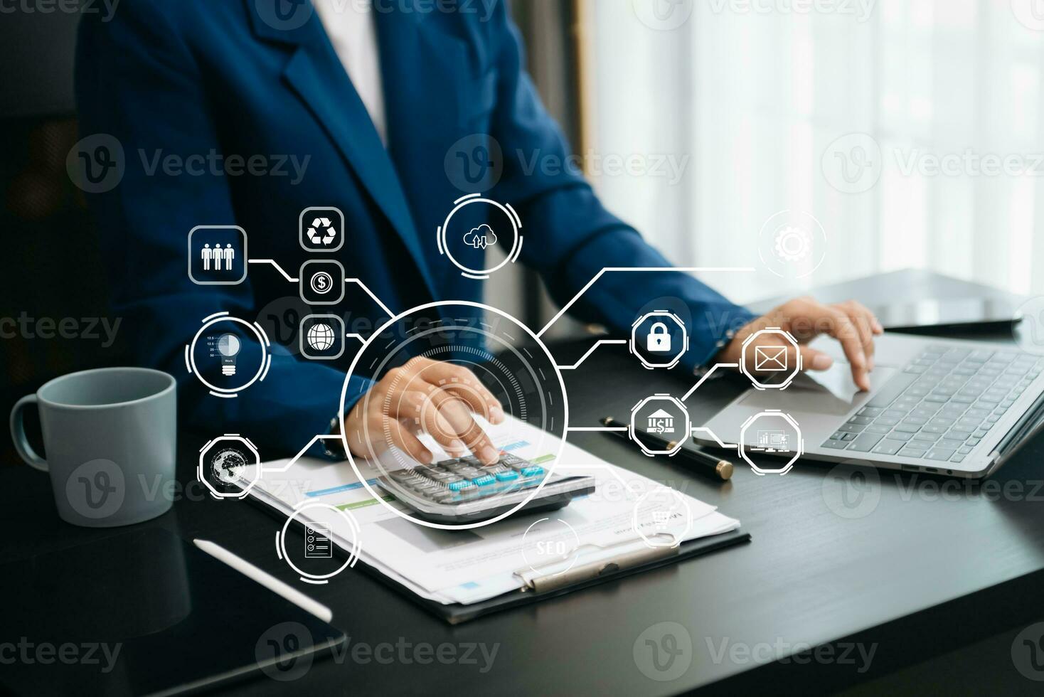 Woman accountant use Laptop and calculator to calculate the company's financial with icon banking on data network of finance and banking with business growth photo