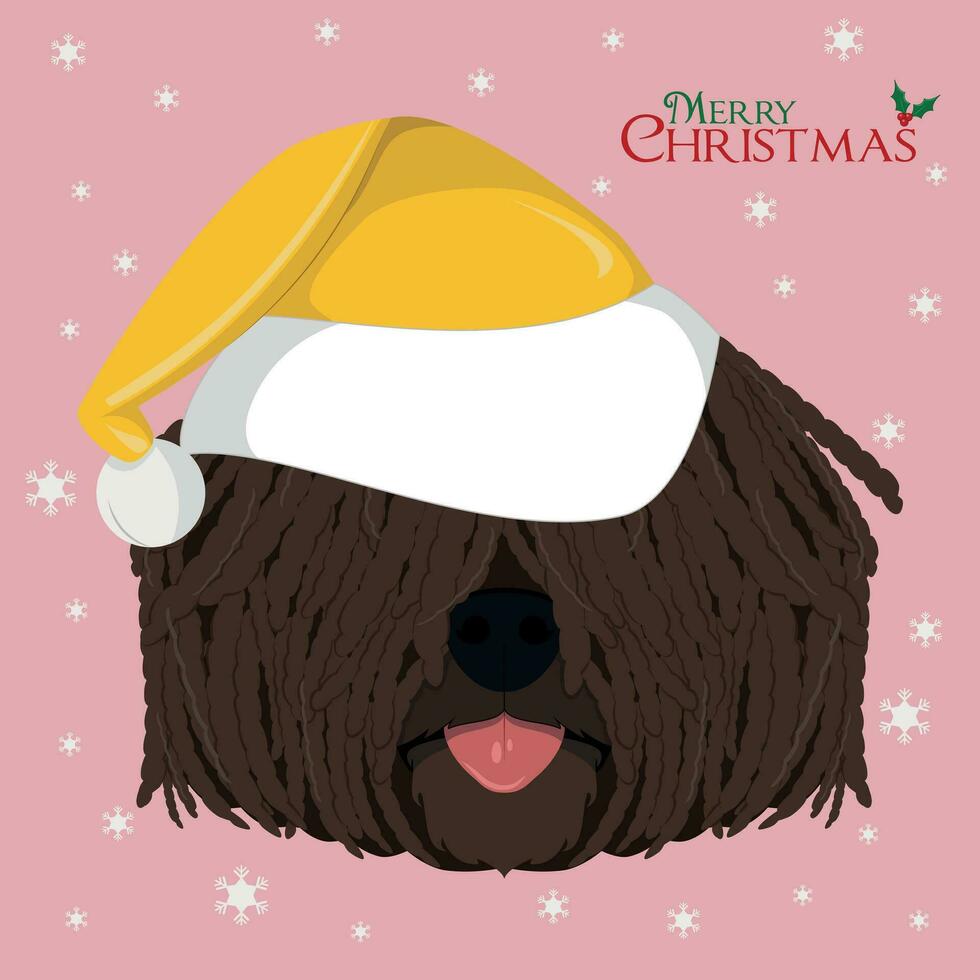 Christmas greeting card. Puli dog with yellow Santa's hat vector