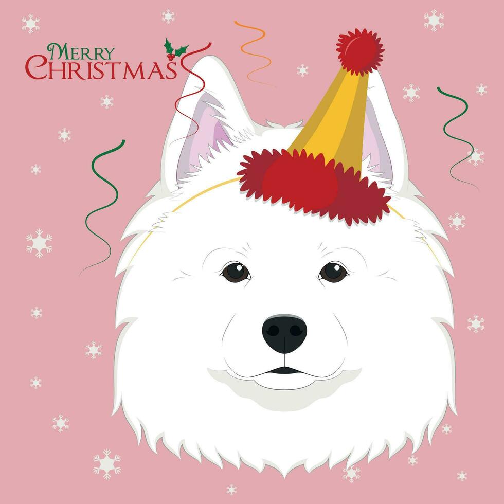 Navidad saludo tarjeta. Samoyedo perro vistiendo un fiesta sombrero vector