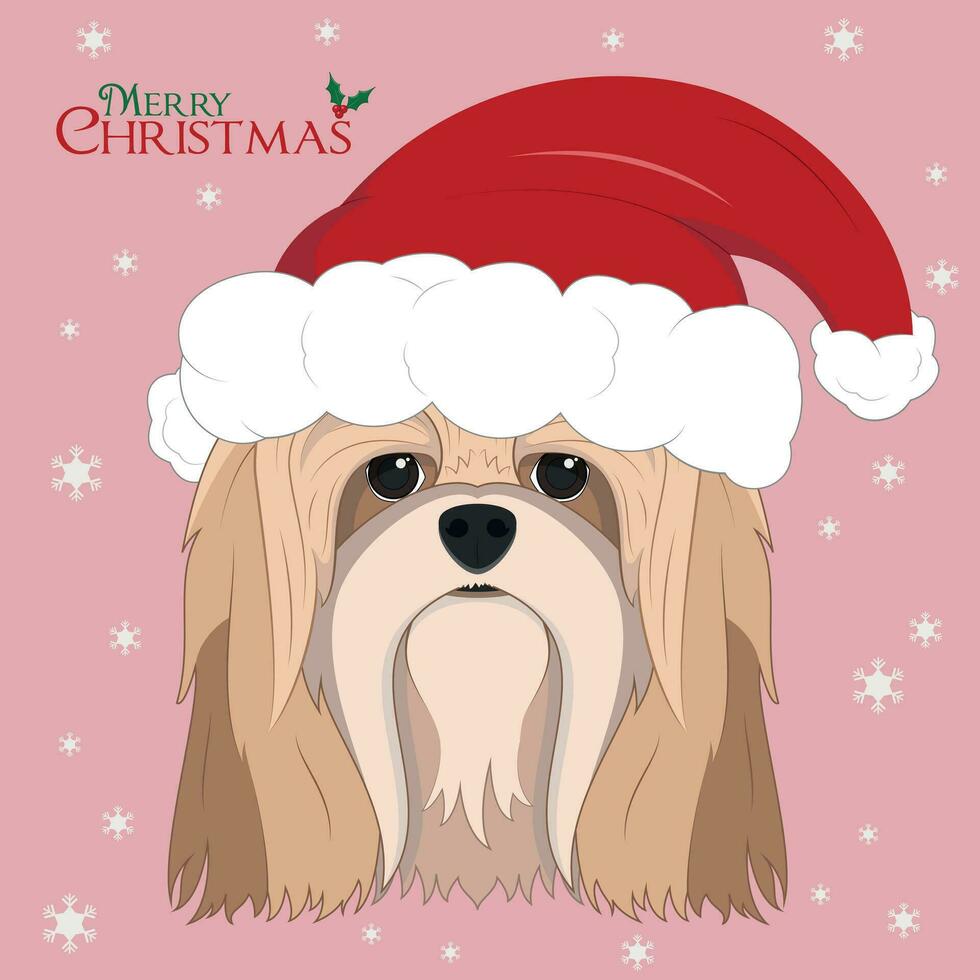 Christmas greeting card. Lhasa Apso dog with red Santa hat vector