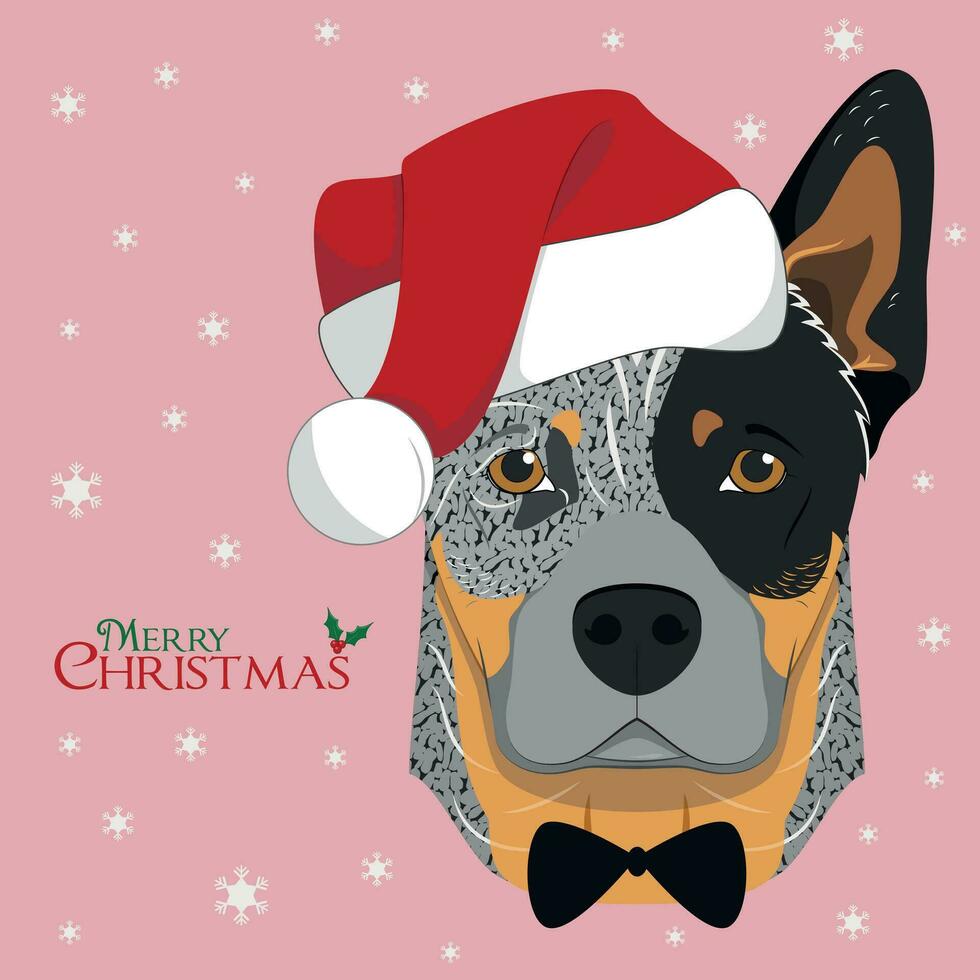 Christmas greeting card. Australian Cattle dog with red Santa's hat and bow tie vector