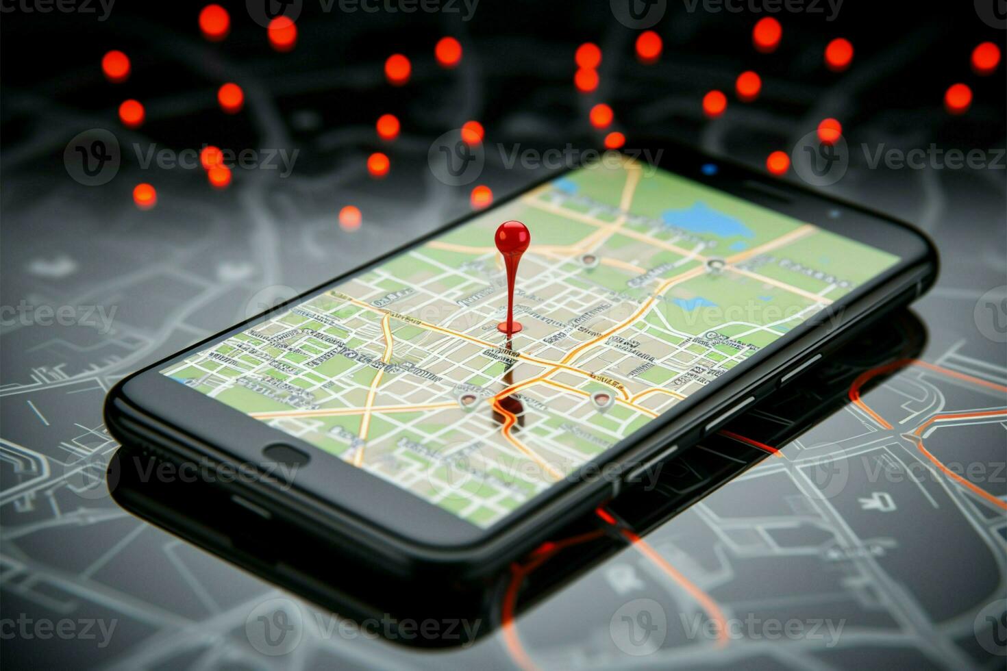 Route mapped. Smartphone screen features red pointers indicating navigation path AI Generated photo