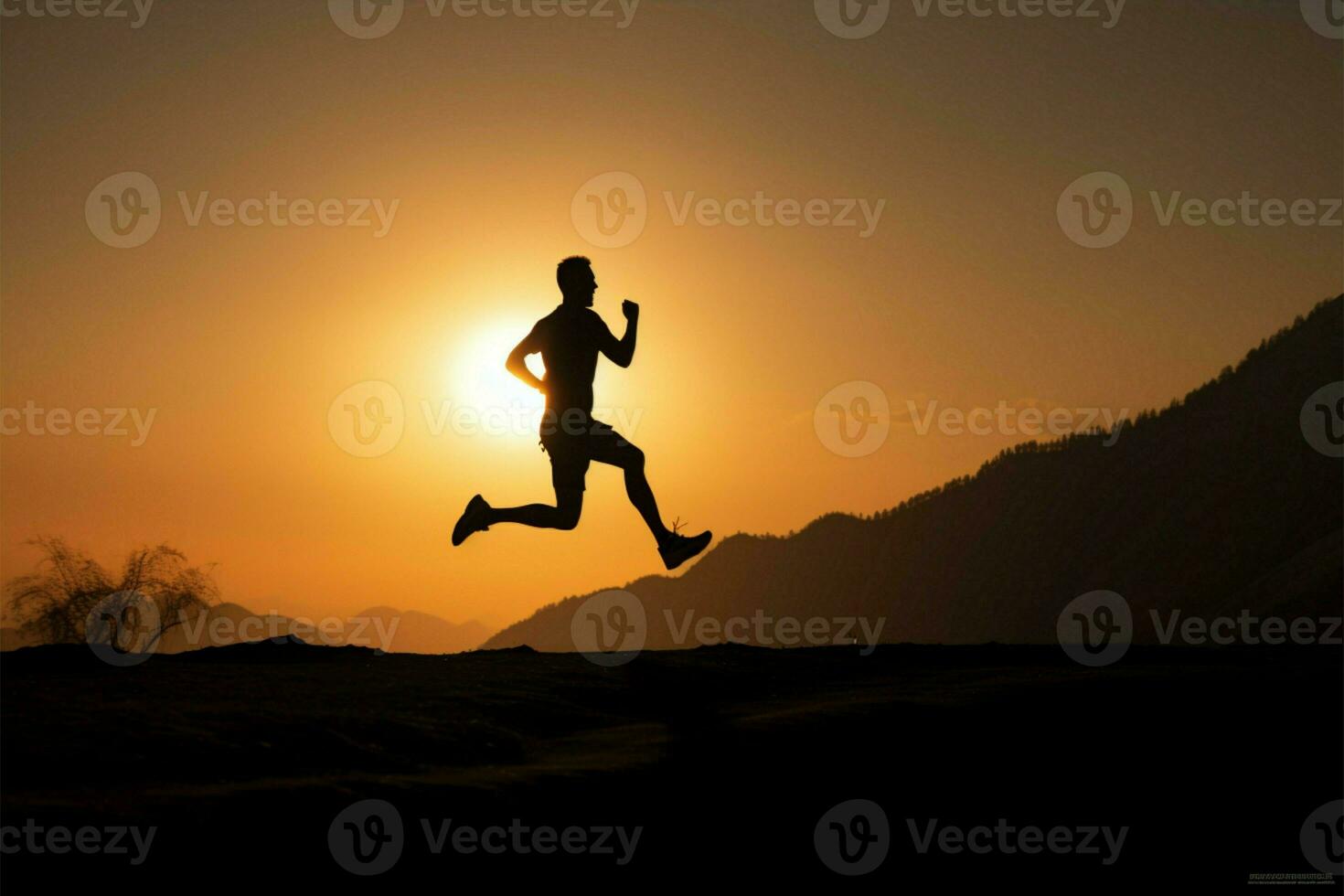 Young man's silhouette running against a mountain sunset, representing an active life AI Generated photo