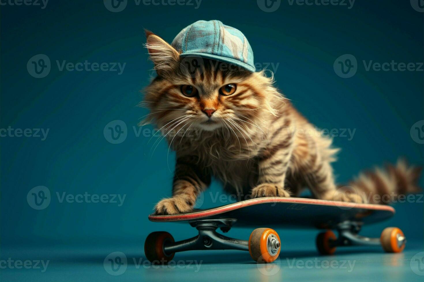 frio gato en un patineta en contra un azul fondo, exudando funky ai generado foto