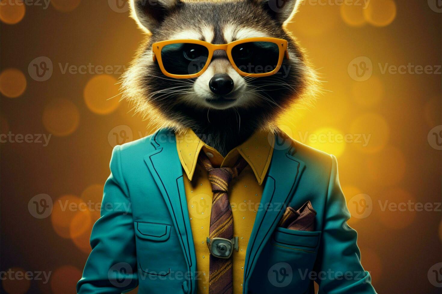 A dashing, retro raccoon character dons a stylish blue ensemble AI Generated photo
