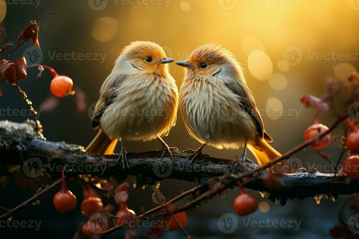 A harmonious duo of birds perched peacefully side by side AI Generated photo