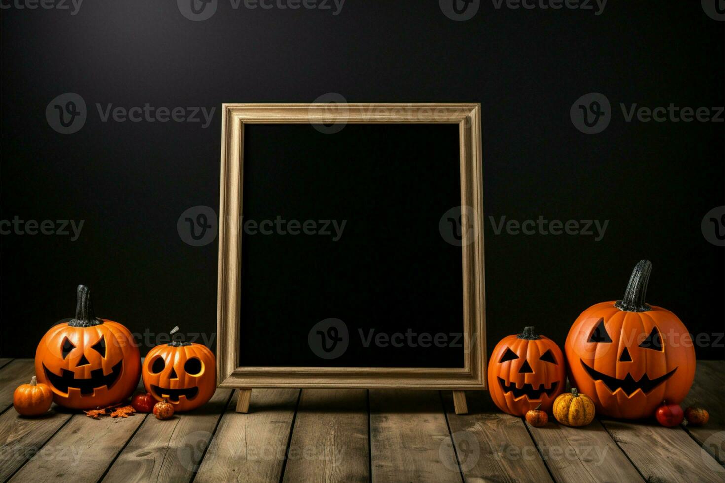 Chalkboard stand features Halloween pumpkins on a black background, wooden floor AI Generated photo