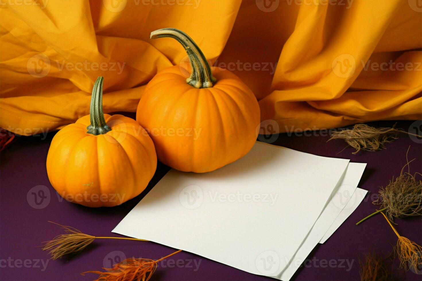 Autumns canvas Pumpkins juxtaposed with a blank sheet of paper AI Generated photo