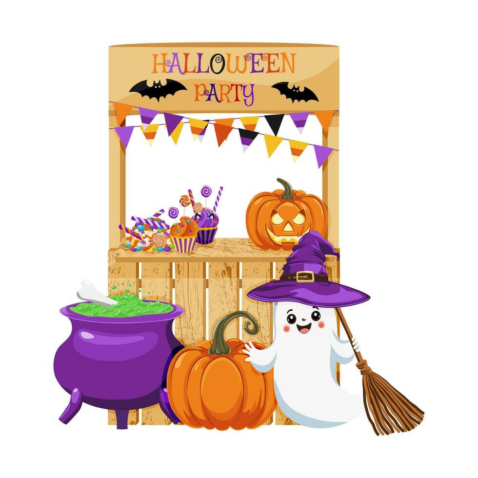 Wooden booth with Halloween symbols. A stand with a ghost, witch hat, a pumpkin, a bat, candies, a garland with flags, a cauldron with a witch potion. For celebrating Halloween. Vector illustration.