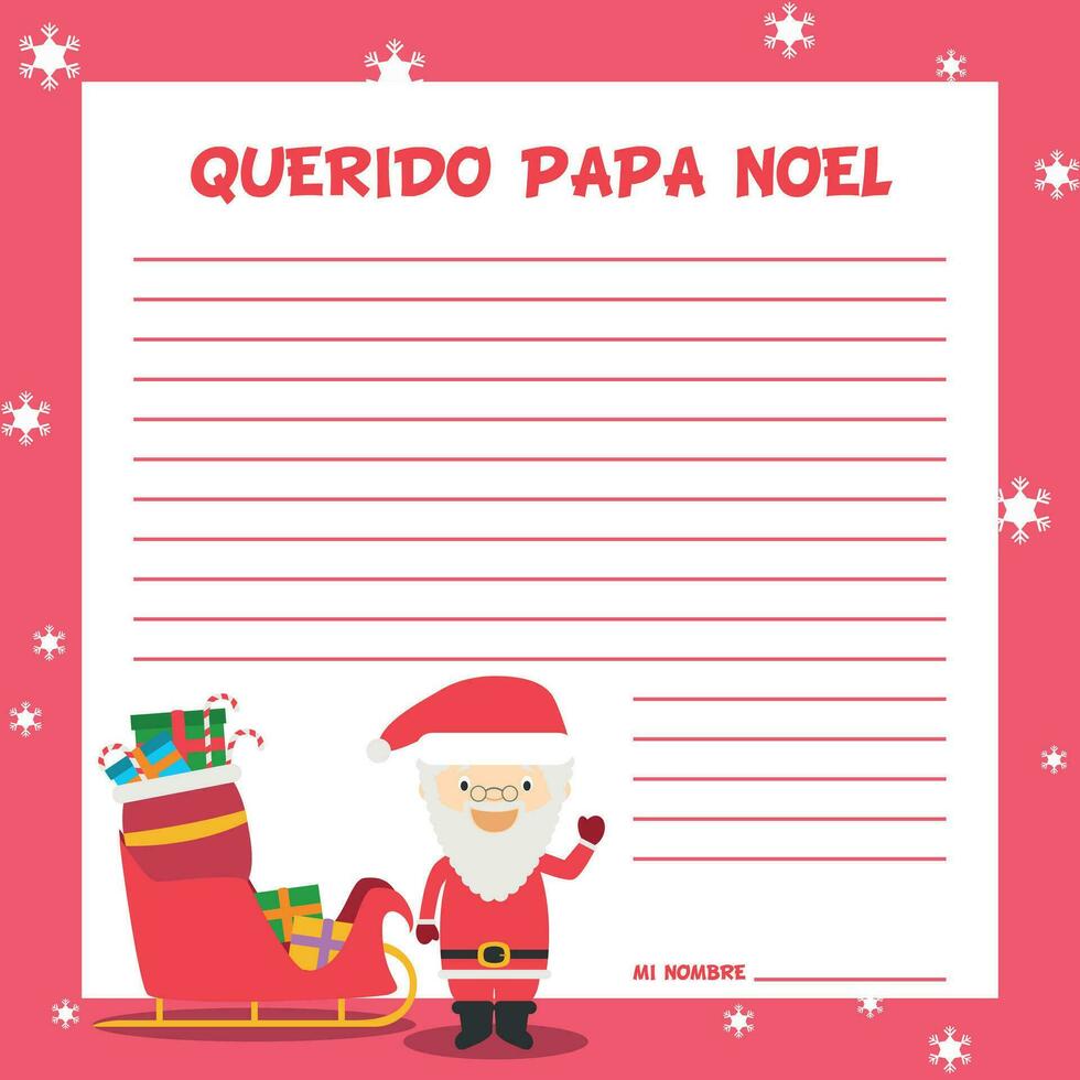 Papa Noel letter template vector illustration for Christmas time in Spanish, with child character, sled and presents.