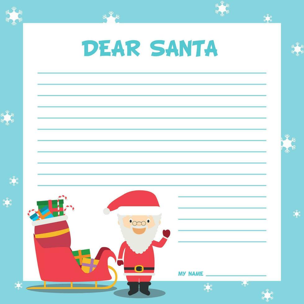 Santa Claus letter template vector illustration for Christmas time, with child character, sled and presents.