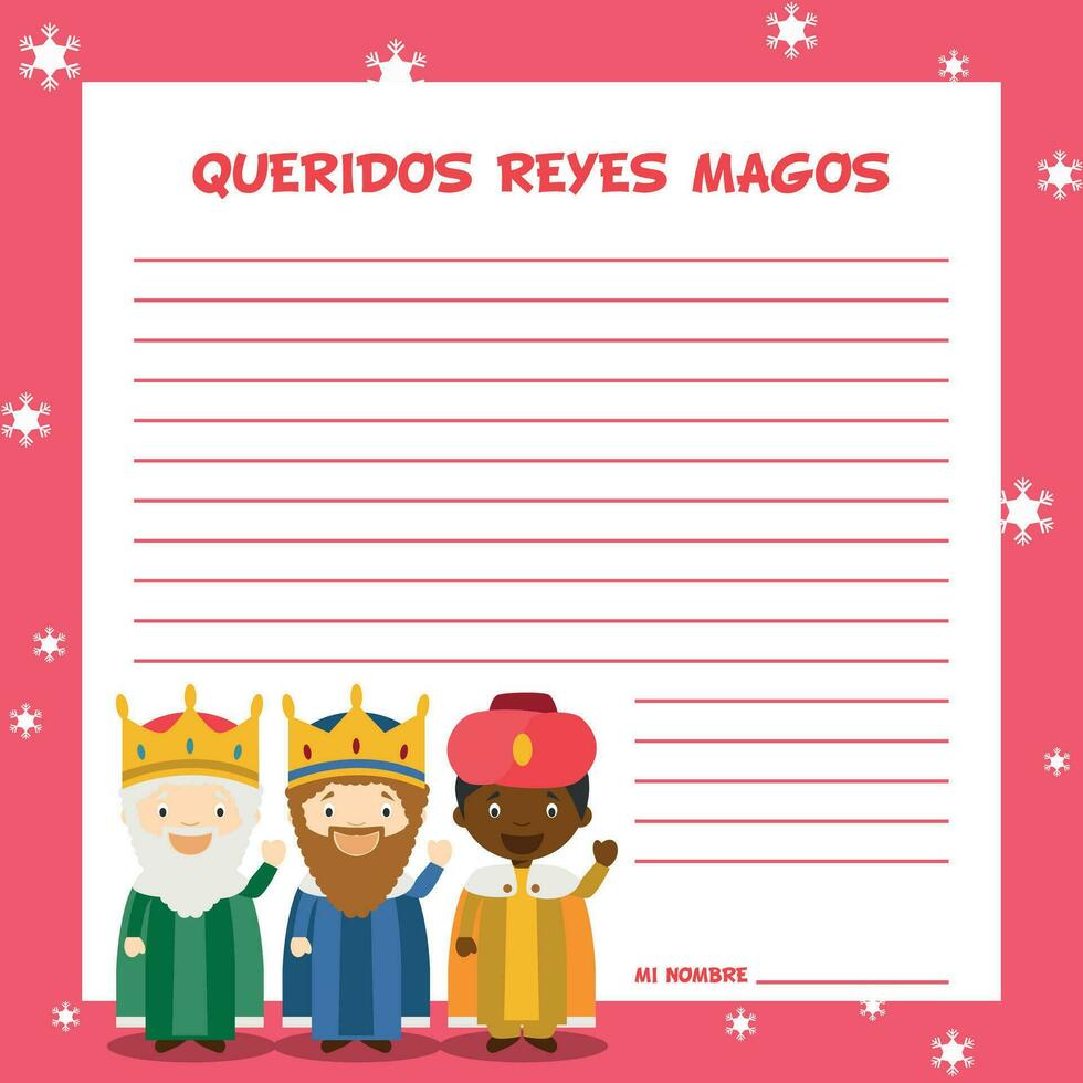 Tres sabio hombres letra modelo vector ilustración para Navidad hora en español, con niño caracteres.