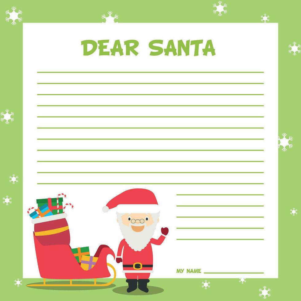 Santa Claus letter template vector illustration for Christmas time, with child character, sled and presents.