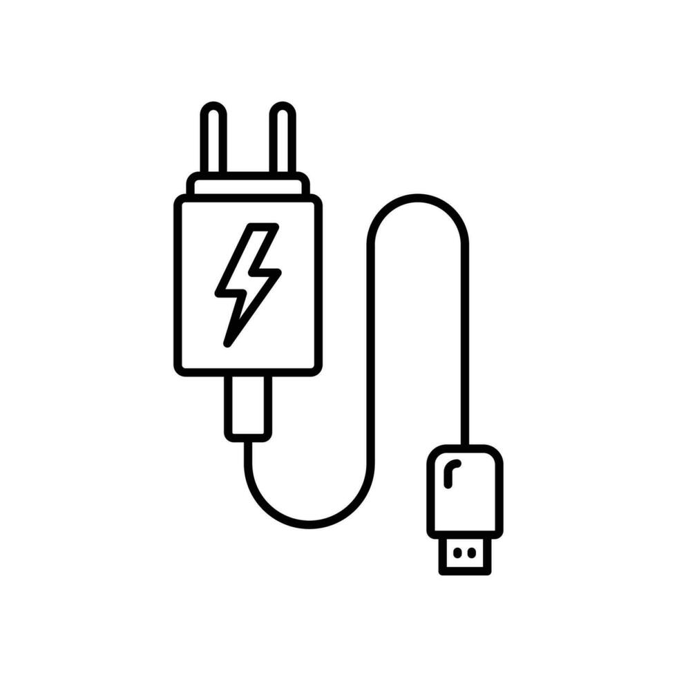 usb mobile charger icon line style. Electric cable power supply for phone cell. Adapter plug, electricity connector for recharge battery. Vector illustration. Design on white background. EPS 10