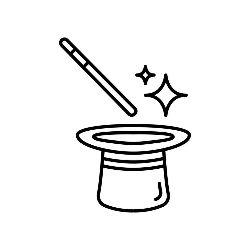 Line icon style, hat and magic stick wand. Magician or illusionist equipment for trick effect in fantasy entertainment performance. Outline Vector illustration. Design on white background. EPS 10