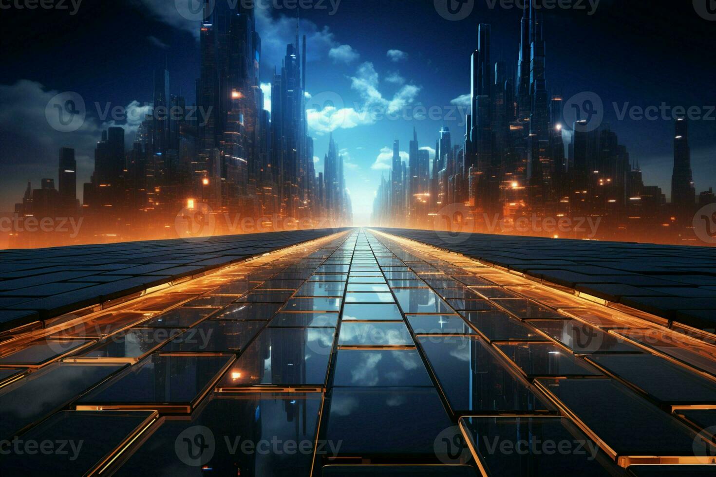 Luminous pathways grace modern building backdrop, an enchanting play of urban radiance AI Generated photo