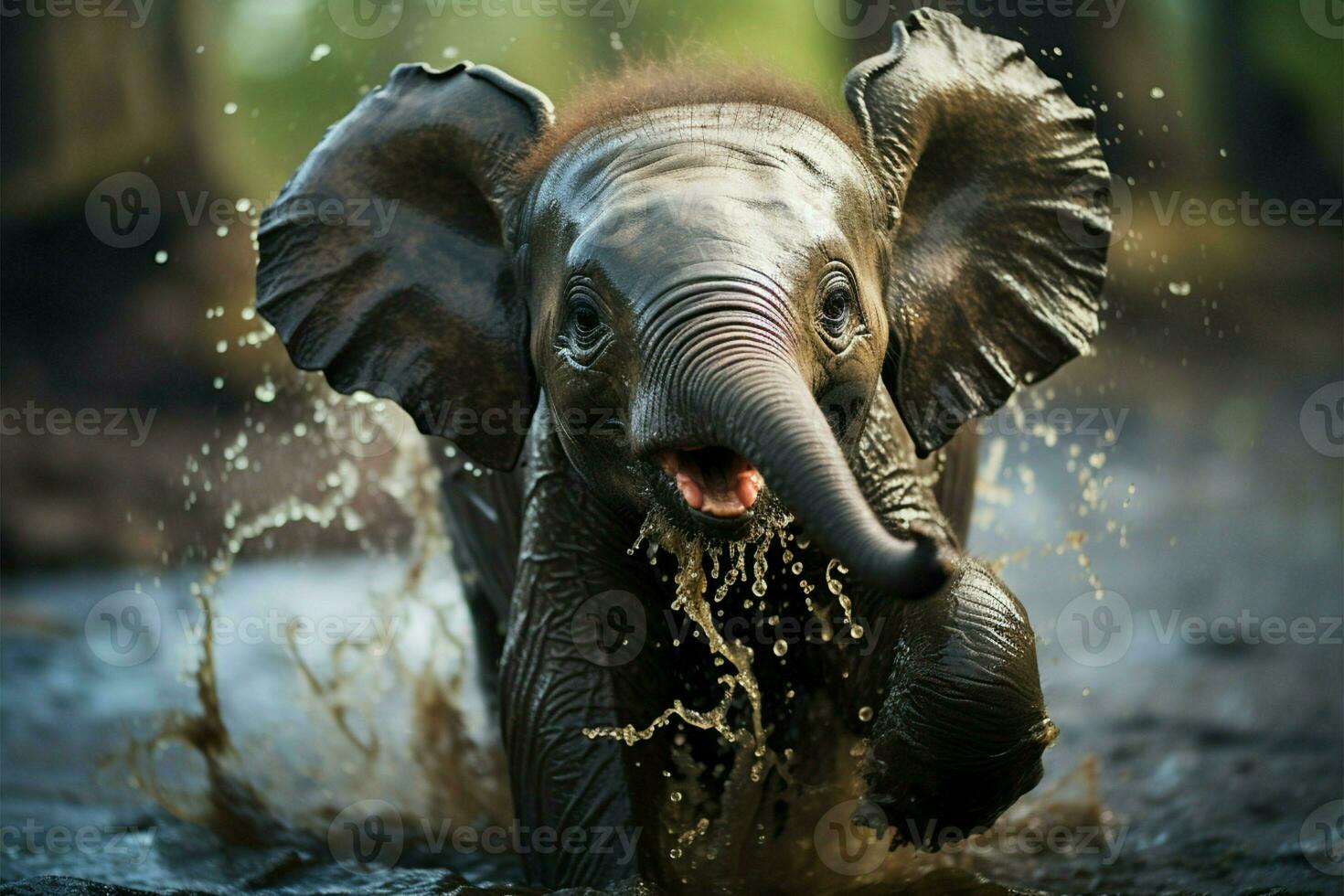 Baby elephant gleefully splashes within puddle, its innocence a heartwarming spectacle AI Generated photo