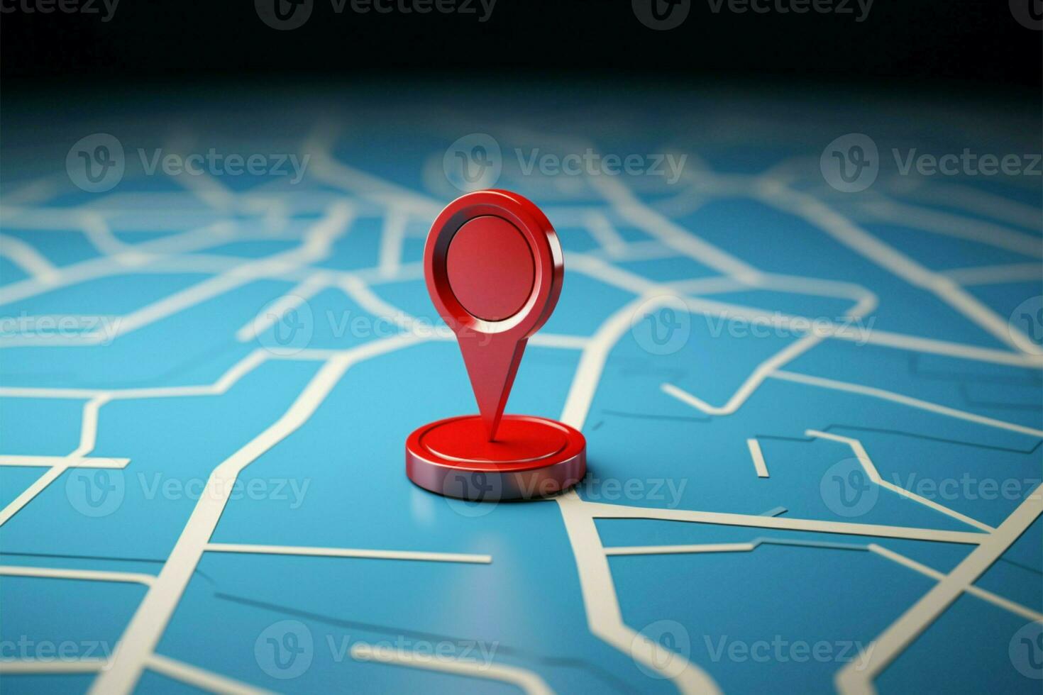 Blue backdrop enhances a 3D red map pointer with copy space AI Generated photo
