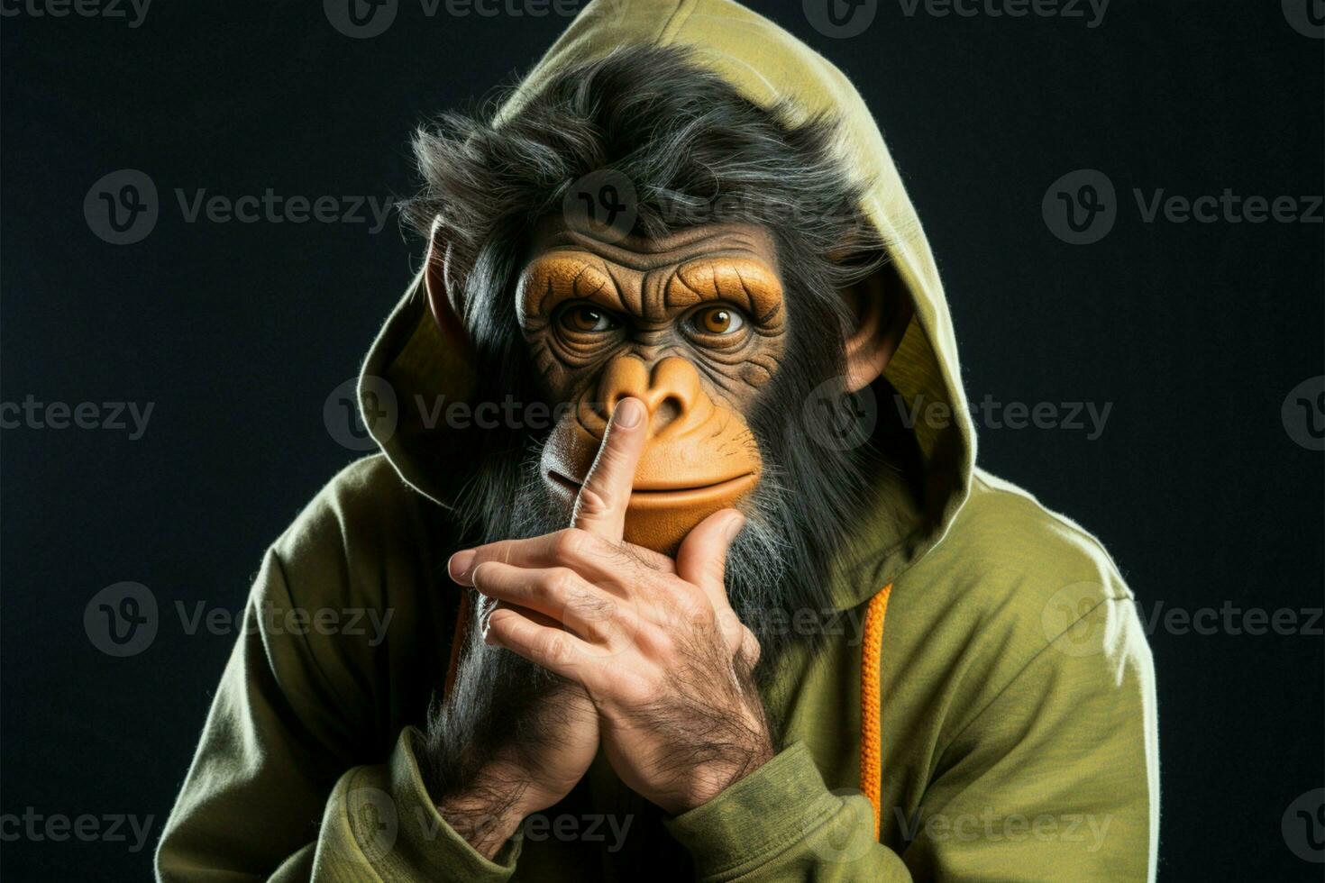 Silent monkey man gestures hush, adding intrigue to its mysterious demeanor AI Generated photo