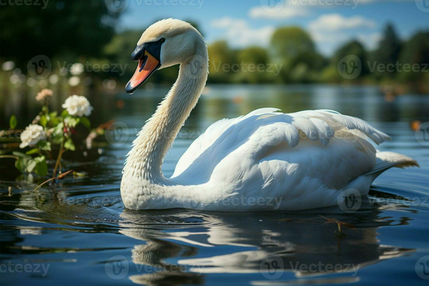 Graceful swan serenely glides across a tranquil summer lake AI Generated photo