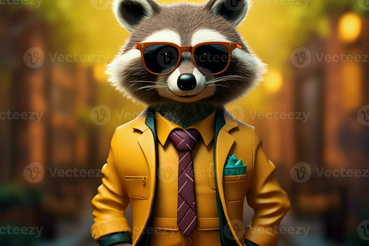 Cartoon raccoon exudes vintage charm with suit, tie, and glasses AI Generated photo