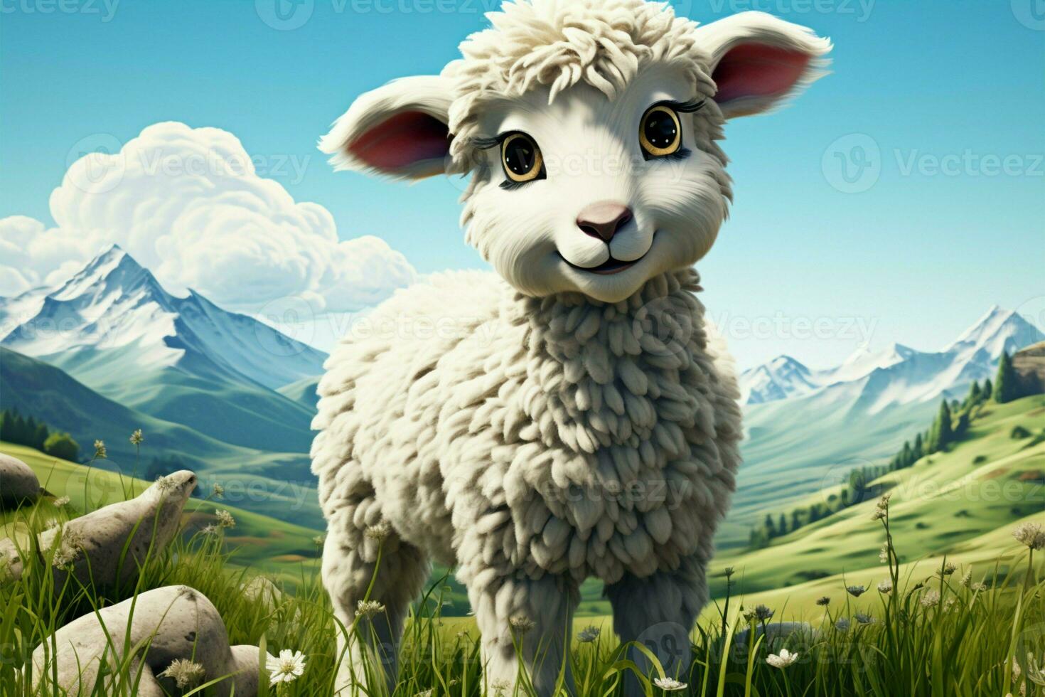 caprichoso oveja personaje en medio de un pintoresco, verde herboso paisaje ai generado foto