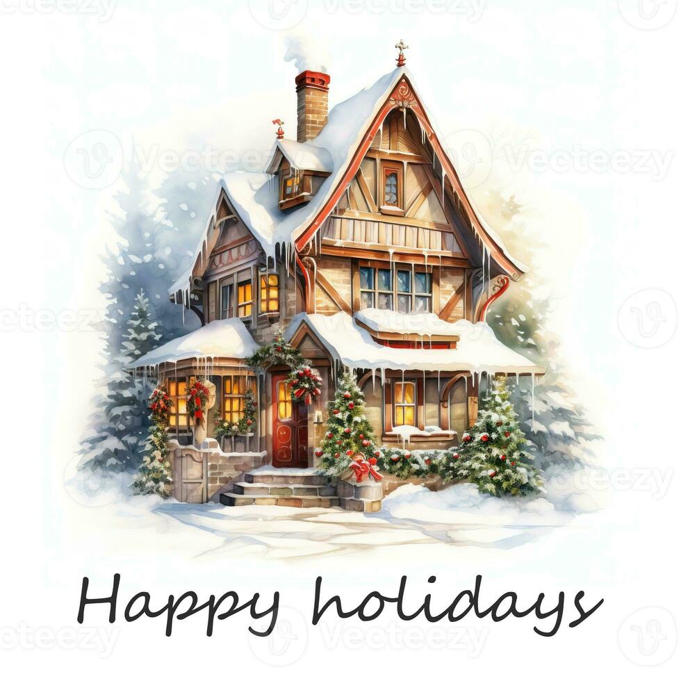 Greeting card with Christmas home decoration, Christmas house. Watercolor. Holiday illustration for design, print, fabric or background. Generative ai photo